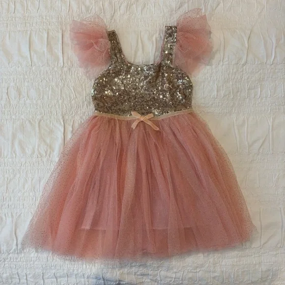 Girls Sequin Tulle formal dress, Pink & Gold. Wedding, Flower Girl, Pageant 3T - Picture 1 of 6